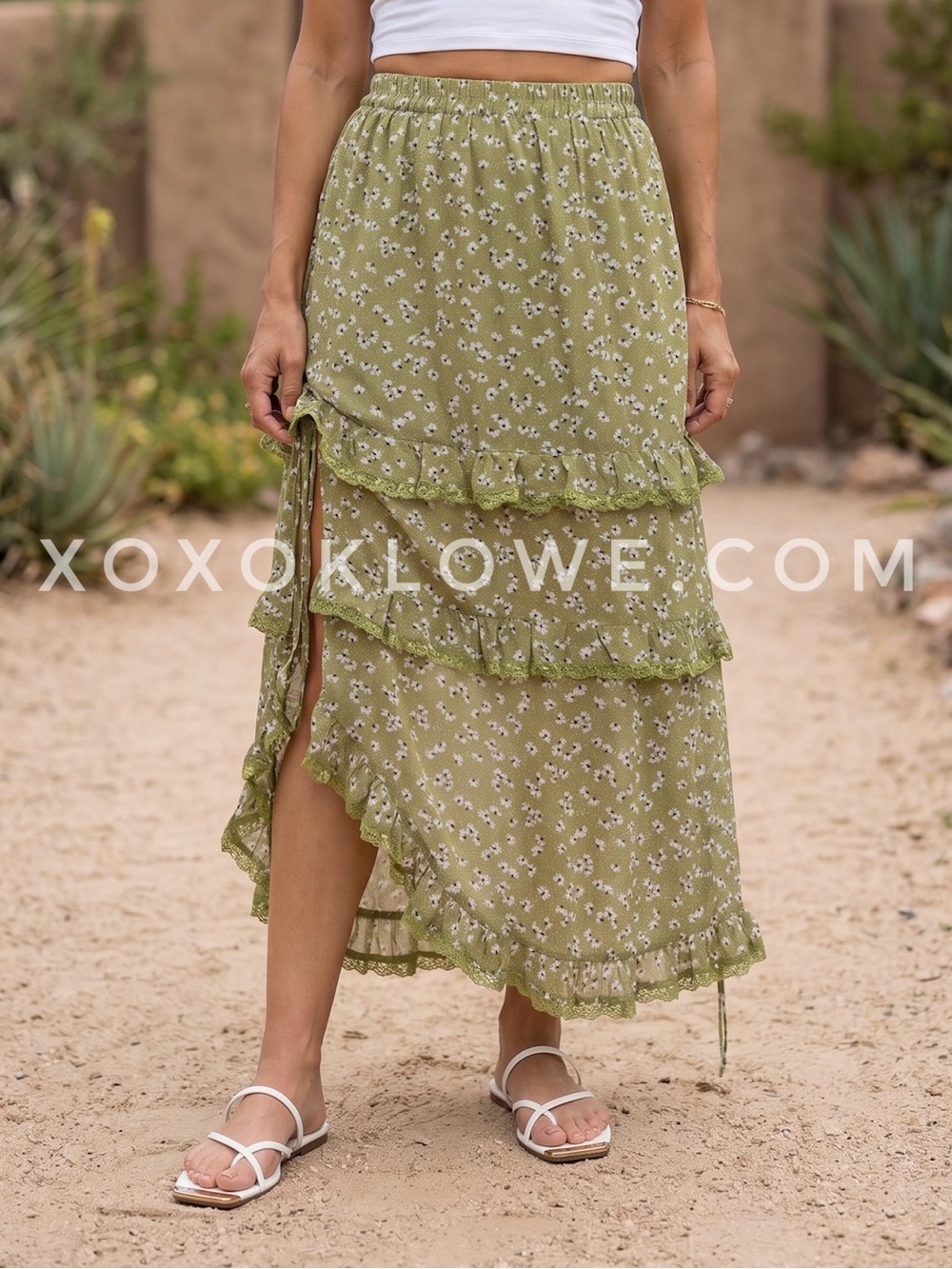 POL Olive Green Floral Tiered Ruffle Maxi Skirt | Pull On Side Slit Asymmetrical